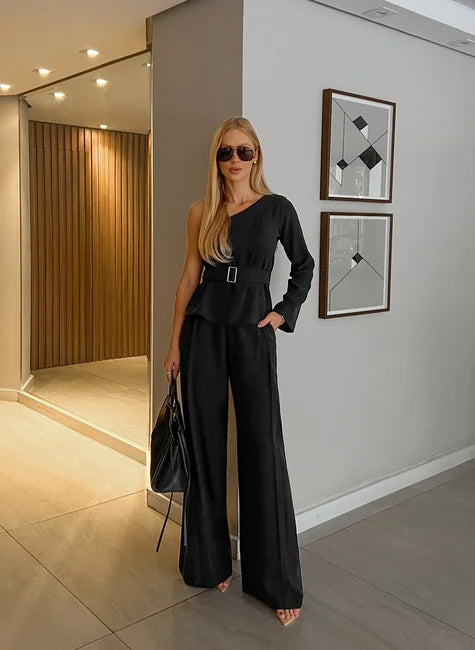 DOT One-Shoulder Blouse & Wide-Leg Pants Set