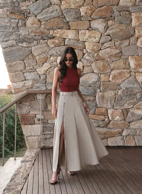 DOT Long Skirt with Zipper & Belt