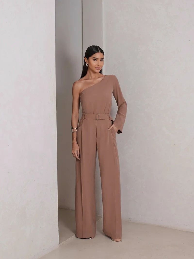 DOT One-Shoulder Blouse & Wide-Leg Pants Set