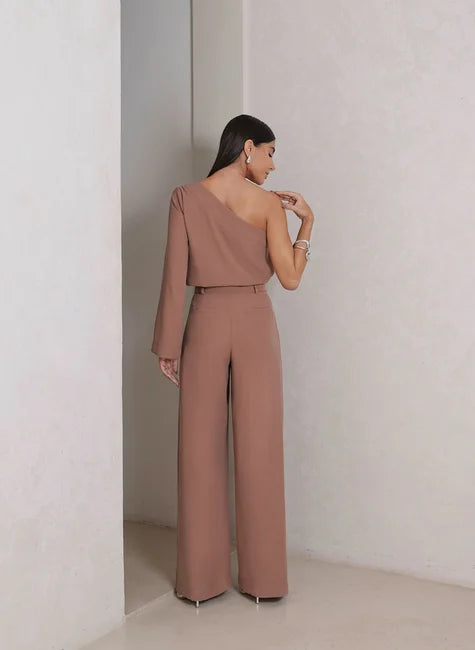 DOT One-Shoulder Blouse & Wide-Leg Pants Set