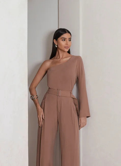 DOT One-Shoulder Blouse & Wide-Leg Pants Set
