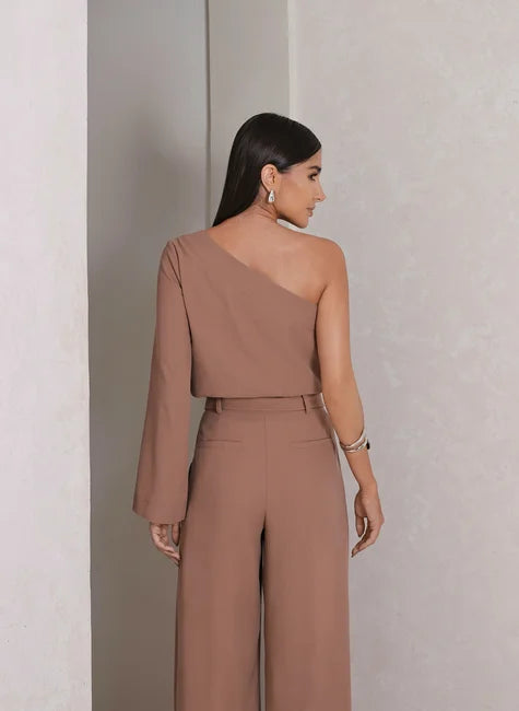DOT One-Shoulder Blouse & Wide-Leg Pants Set