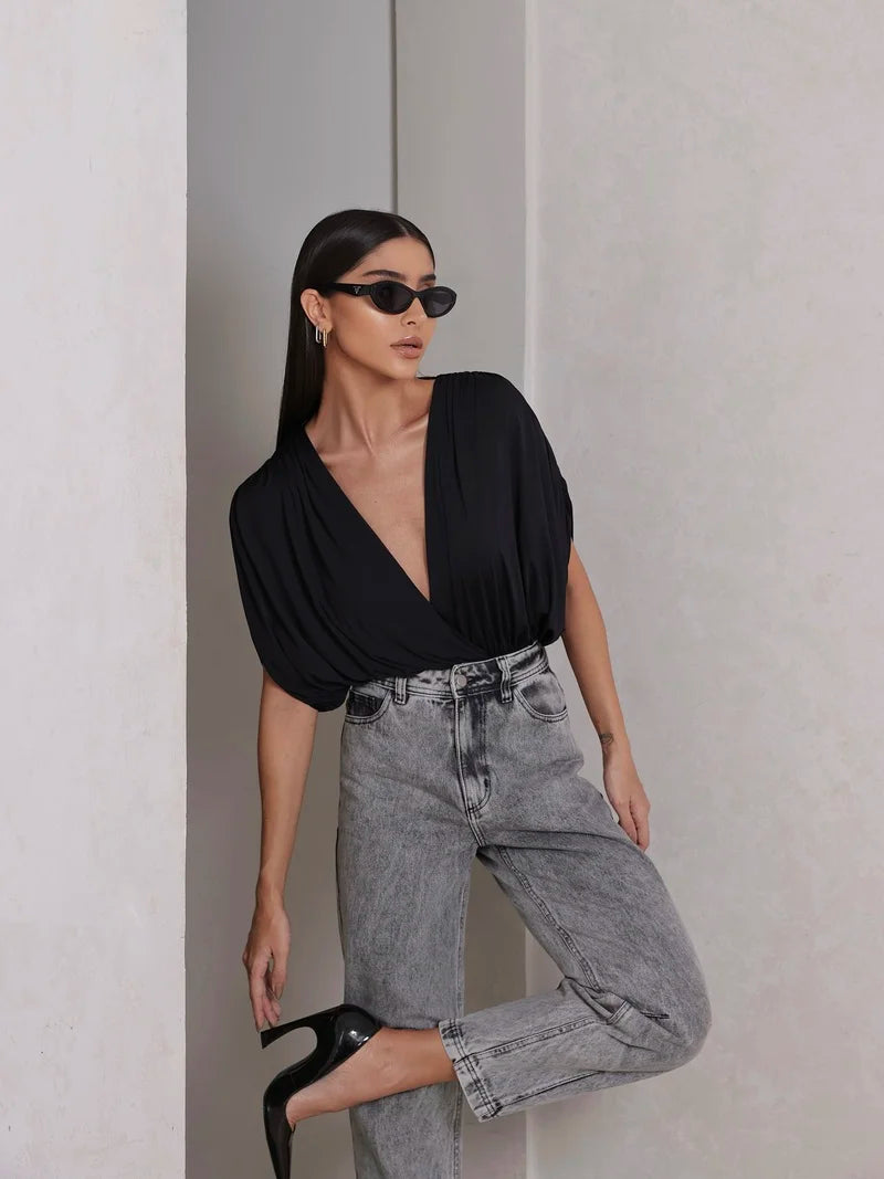DOT Gathered Sleeve Wrap Bodysuit
